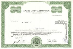 Sports-Land Corp. - 1971 Sports Stock Certificate