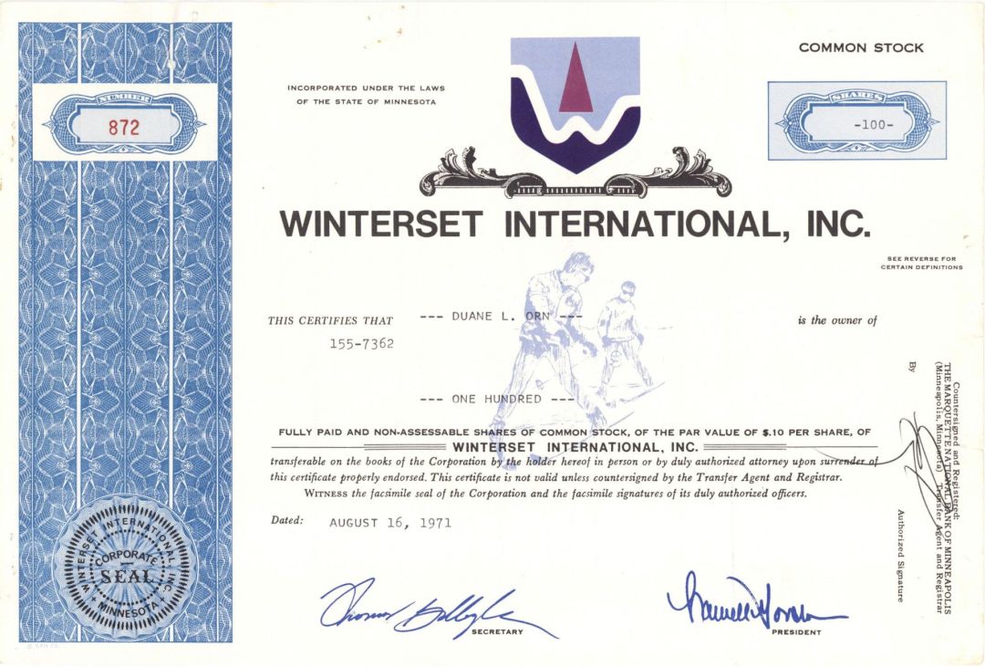 Winterset International, Inc. - 1971 dated Sports Stock Certificate