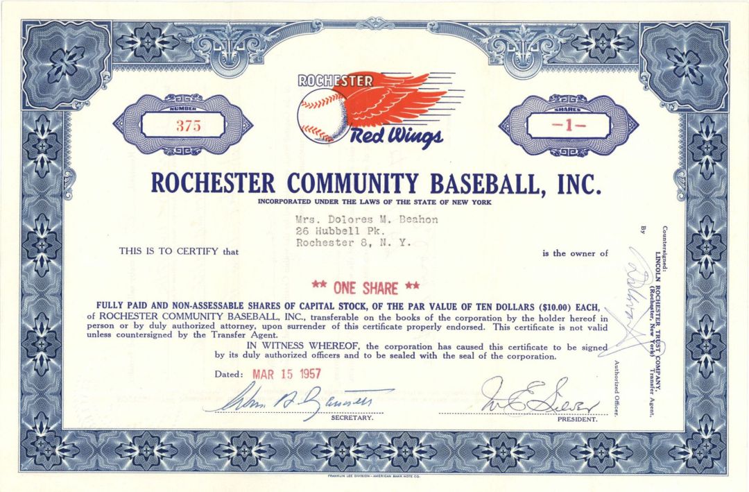 Rochester Community Baseball, Inc. - 1957 dated Sports Stock Certificate