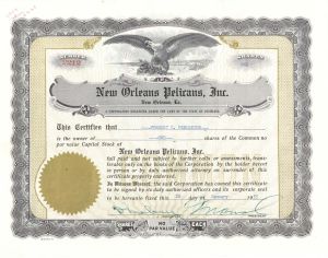 New Orleans Pelicans, Inc. -  1955 dated Stock Certificate