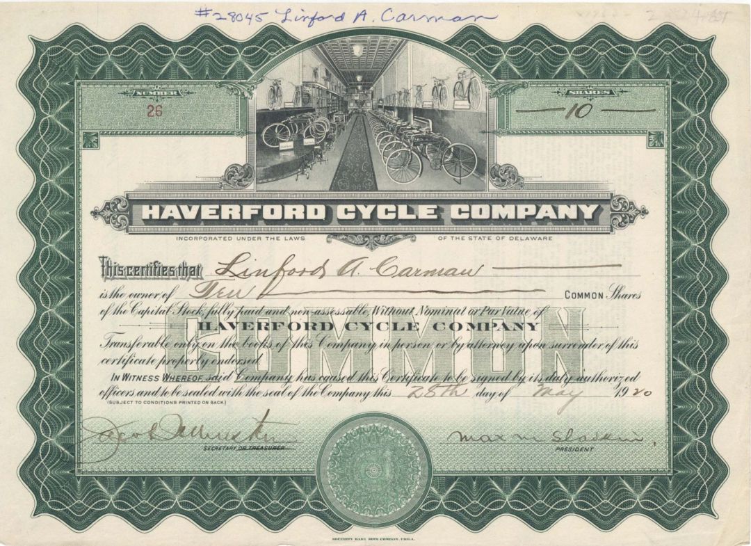 Haverford Cycle Co. - 1920 dated Stock Certificate