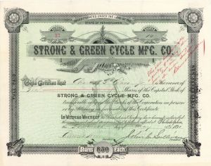 Strong and Green Cycle Mfg. Co. - 1891 dated Stock Certificate