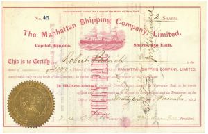 Manhattan Shipping Co., Limited - 1882 dated New York Shipping Stock Certificate