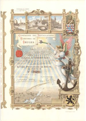 Compagnie des Installations Maritimes de Bruges - 1904 dated Gorgeous Canal and Shipping Stock Certificate