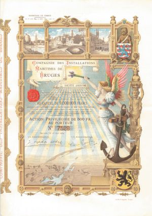 Compagnie des Installations Maritimes de Bruges - 1904 dated Gorgeous Canal and Shipping Stock Certificate