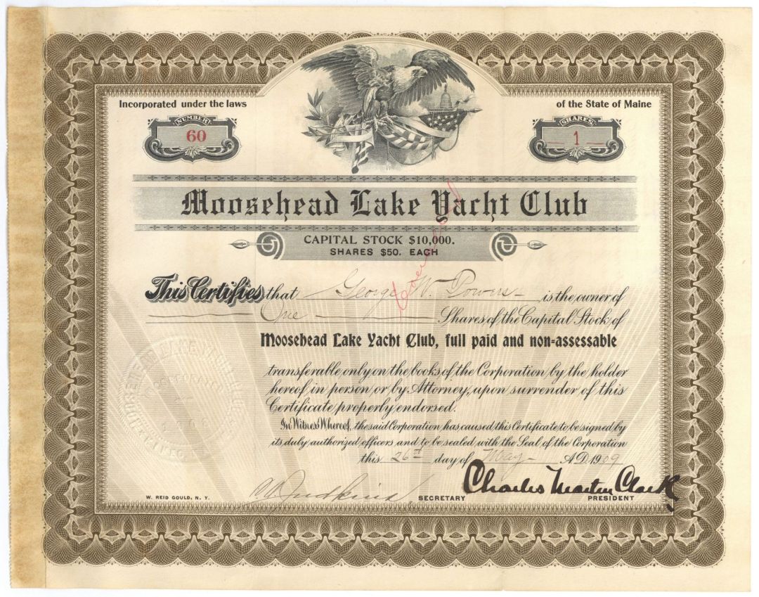 Moosehead Lake Yacht Club - LAST ONE! - 1909 dated Maine Boating Stock Certificate