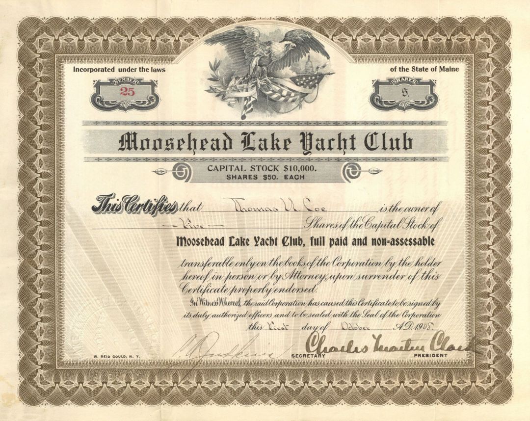 Moosehead Lake Yacht Club - 1908-13 dated Maine Boating Stock Certificate