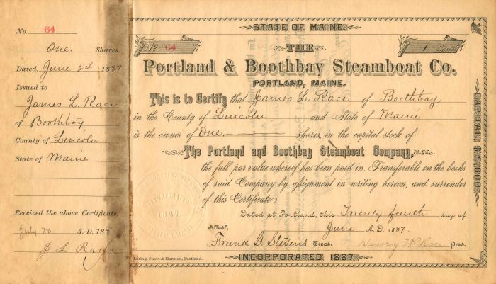 Portland and Boothbay Steamboat Co. - Stock Certificate