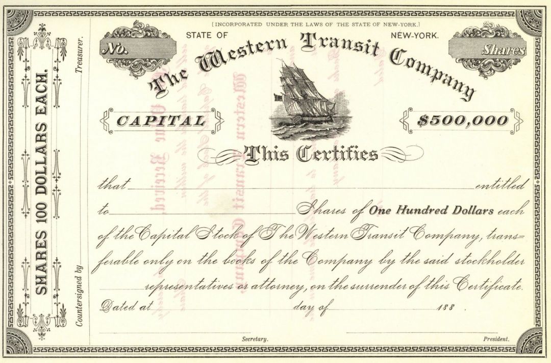 Western Transit Co. - 1880's Unissued Shipping Stock Certificate