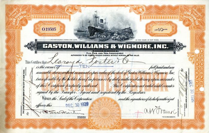 Gaston, Williams and Wigmore Inc  - Stock Certificate