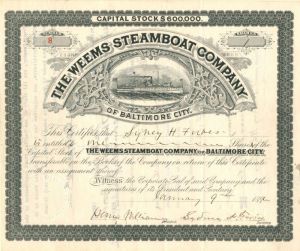 Weems Steamboat Co. - 1892 dated Fully Issued Shipping Stock Certificate - Baltimore City, Maryland