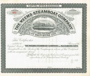 Weems Steamboat Company - 1890's dated Shipping Stock Certificate - Baltimore City, Maryland