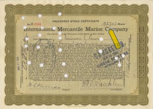 Titanic Stock signed by Philip Franklin with high share amounts - International Mercantile Marine - 1915 or 1916 dated Stock Certificate
