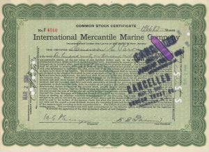 Titanic Stock signed with High Share Amounts - International Mercantile Marine - 1915 dated Shipping Stock Certificate