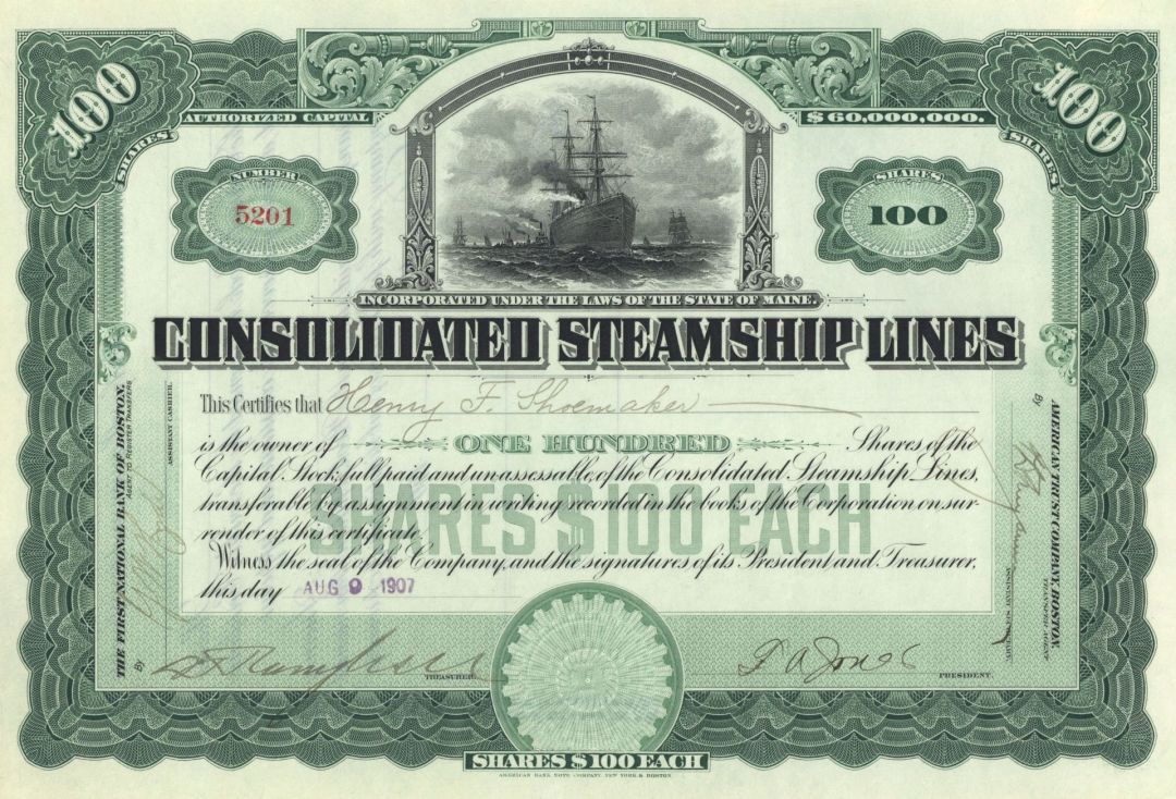 Consolidated Steamship Lines - 1907 dated Stock Certificate - Gorgeous Design