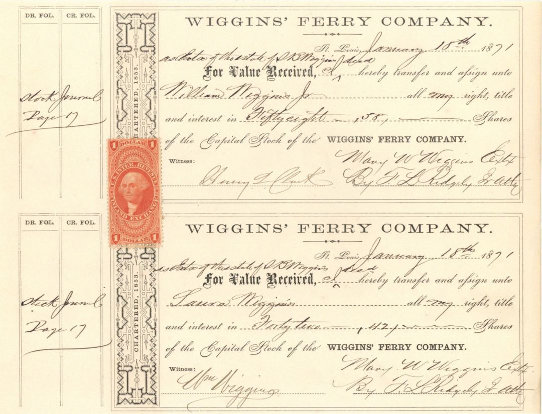 Wiggins' Ferry Co. Sheet of 2 - 1871 dated Shipping Transfer Receipts