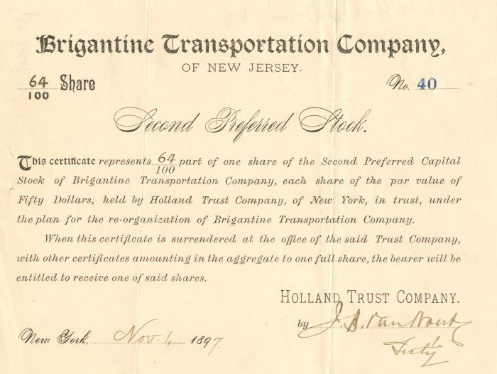 Brigantine Transportation Co. of New Jersey - Stock Certificate