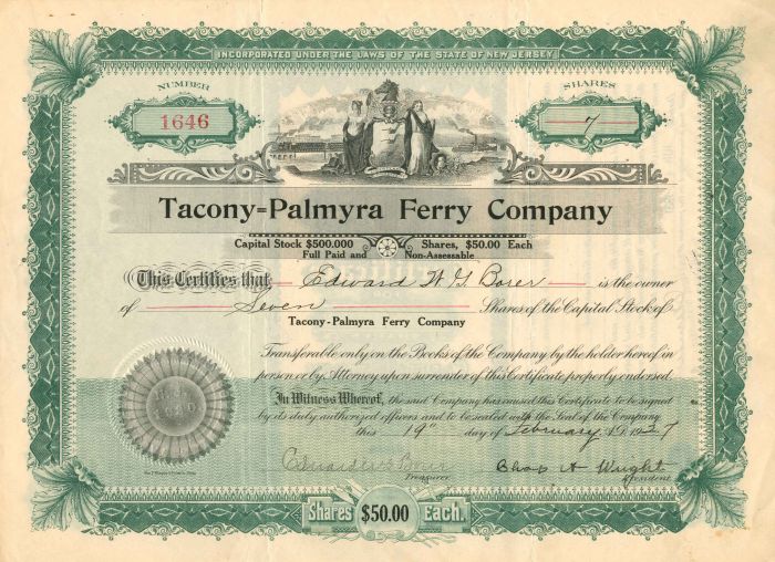 Tacony=Palmyra Ferry Co. - Stock Certificate