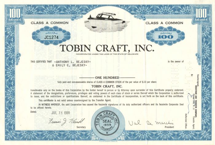 Tobin Craft, Inc. - Stock Certificate