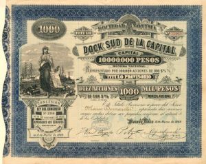 Sociedad Nonima Dock Sud De La Capital - Stock Certificate