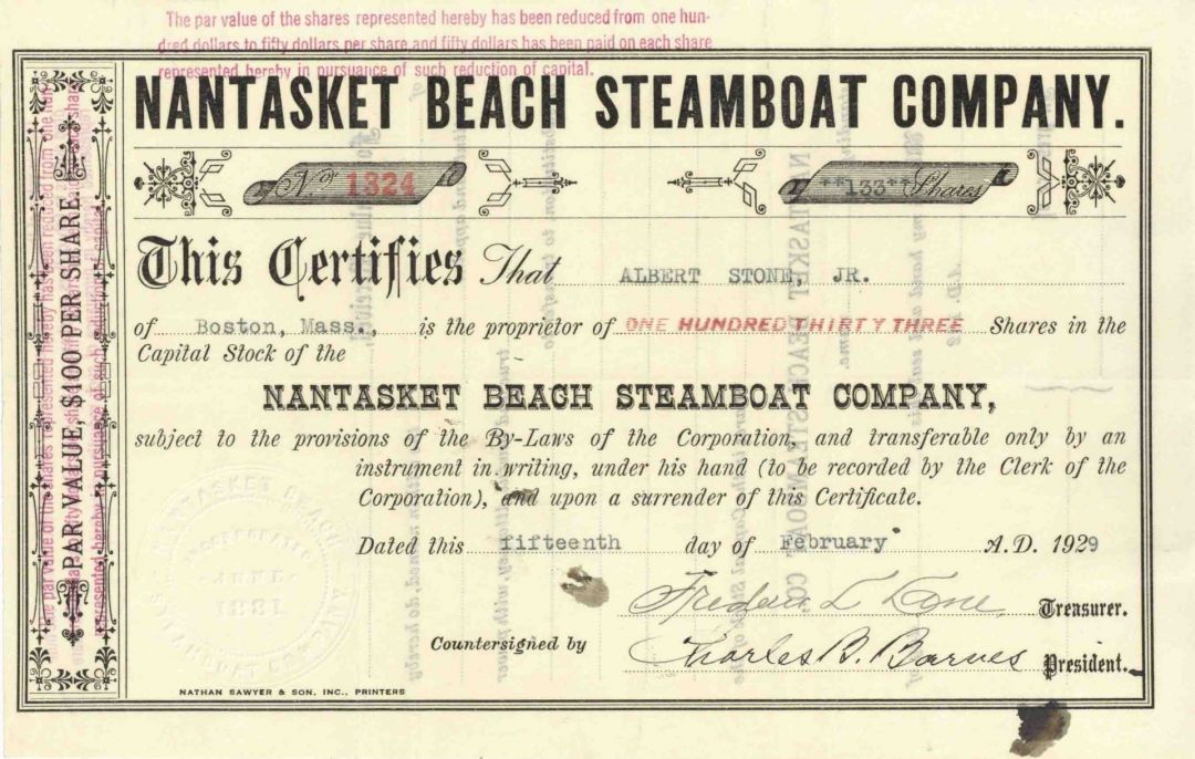 Nantasket Beach Steamboat Co. - 1929 dated Shipping Stock Certificate