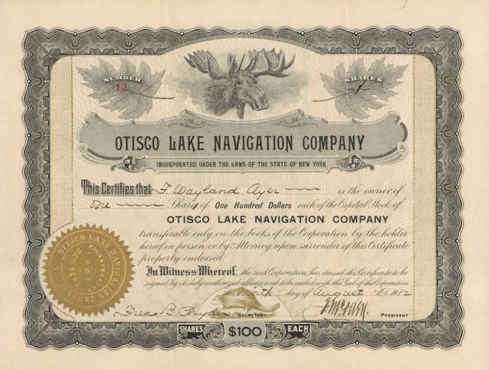 Otisco Lake Navigation Co. - Stock Certificate