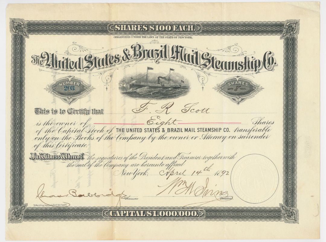 United States and Brazil Mail Steamship Co. - 1892 dated Mail Shipping Stock Certificate