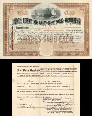 Union Ferry Company of New York and Brooklyn - 1917 dated Stock Certificate