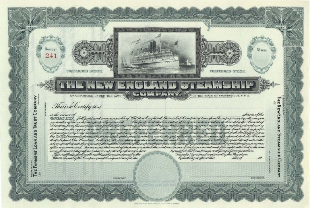 New England Steamship Co. -  Unissued Stock Certificate