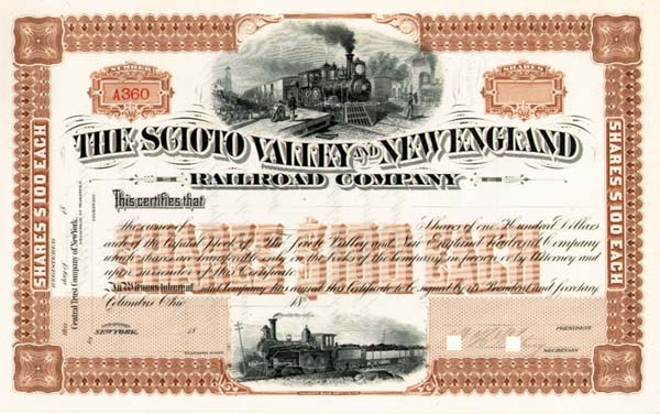 Scioto Valley and New  England Railroad - Stock Certificate