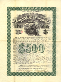 Silverton Gladstone and Northerly Railroad Co. $500 Bond