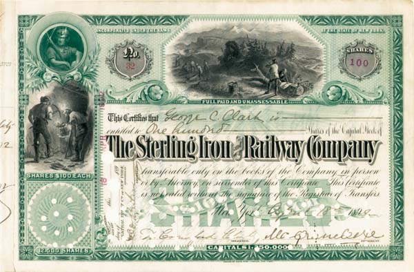 E. H. Harriman transferred Sterling Iron and Railway Co. - Stock Certificate