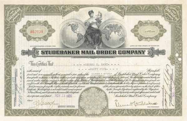 Clement Studebaker III - Studebaker Mail Order Co - Stock Certificate