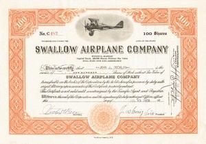 Swallow Airplane Co - Stock Certificate (Uncanceled)