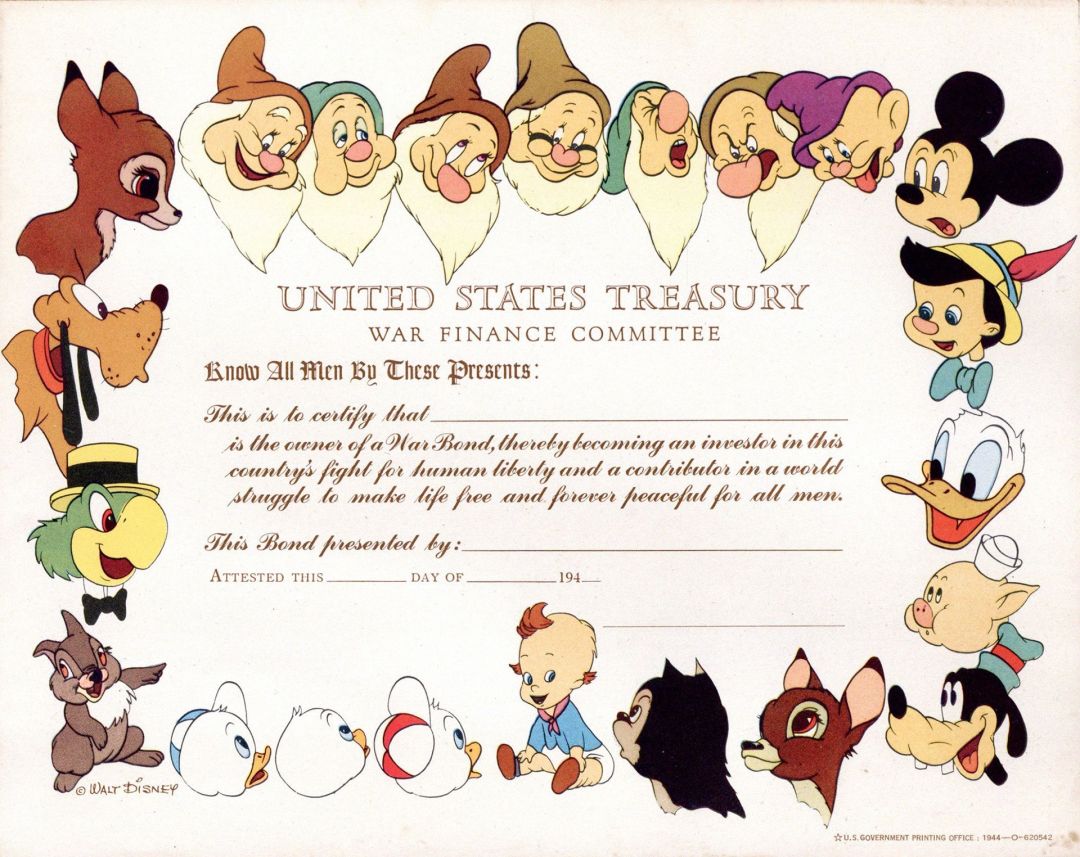 United States Treasury - circa 1940's Disney Certificate for Purchasing War Bonds - With Disney Characters