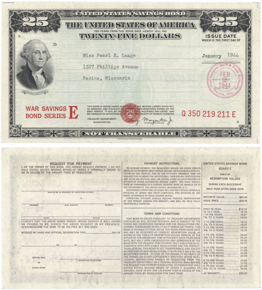 1944-45 dated $25 United States Savings Bond - Uncanceled - U.S. Scripophily
