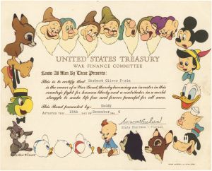 United States Treasury - 1944 or 1945 dated Disney Certificate for Purchasing War Bonds