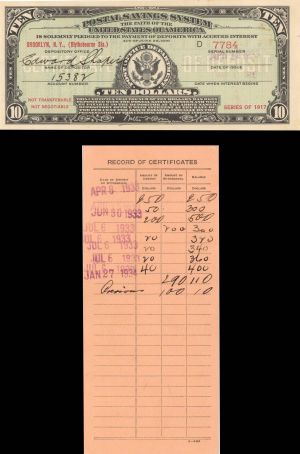 Postal Savings Series of 1917 and Record of Certificates - $10 U.S. Treasury Bond