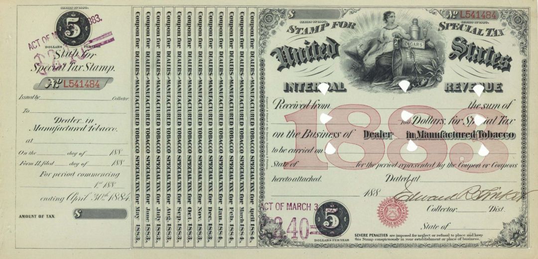 United States Internal Revenue Tobacco - 188- Special Tax Stamp