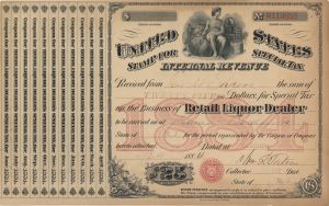 United States Internal Revenue Liquor - 1884 Special Tax Stamp