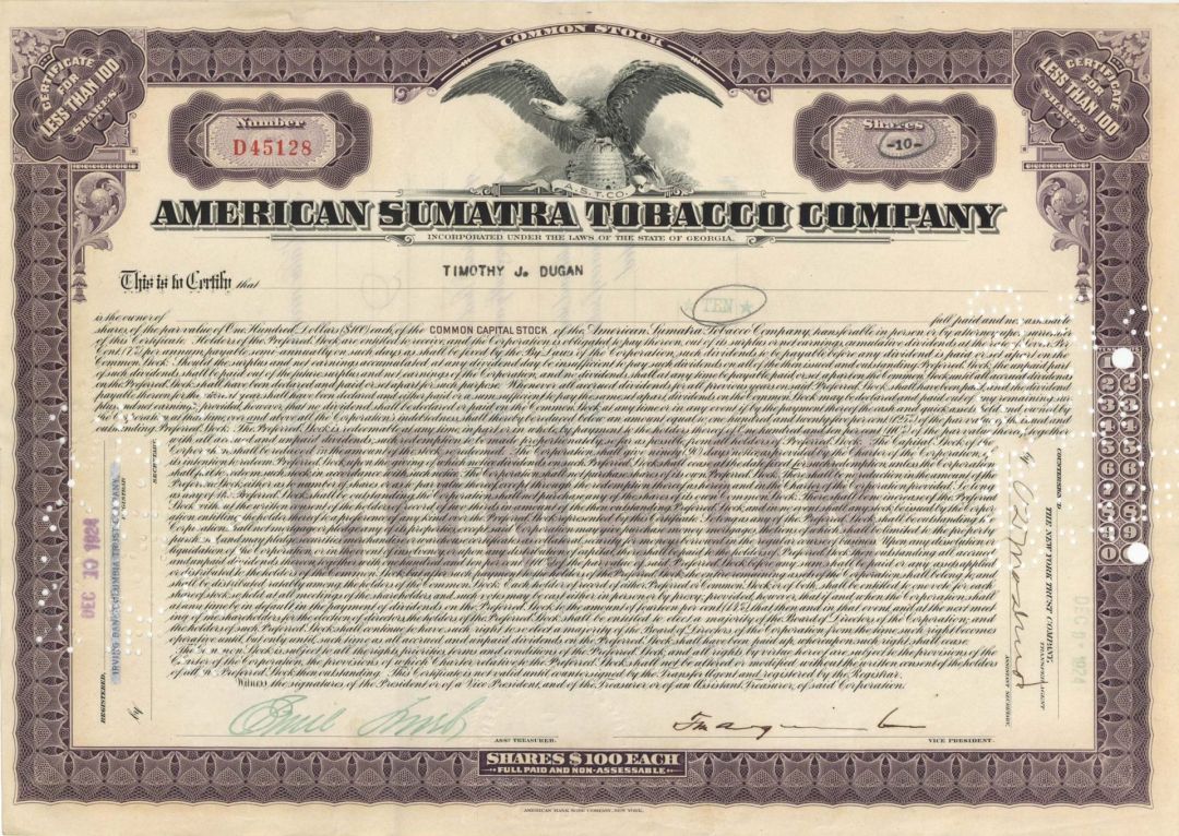 American Sumatra Tobacco Co. - 1920's-1930's dated Stock Certificate