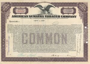 American Sumatra Tobacco Co. - 1920's-1930's dated Stock Certificate