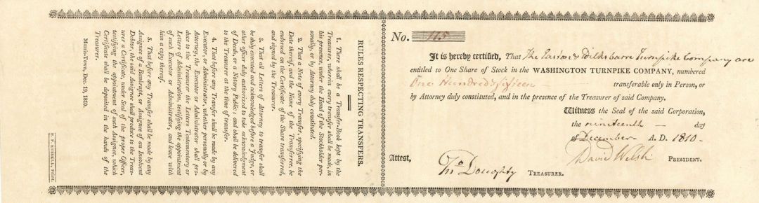 Washington Turnpike Co. - Stock Certificate