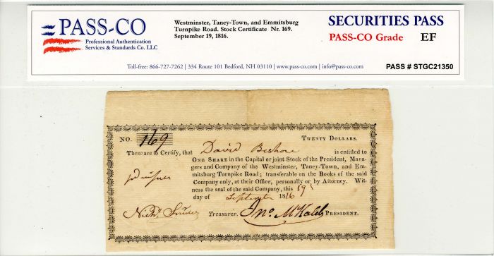 Westminster, Taney-Town, and Emmitsburg Turnpike Road - Stock Certificate