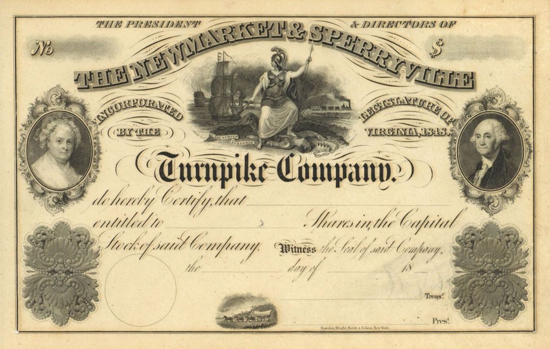 Newmarket and Sperryville Turnpike Co. - circa 1848 Virginia Turnpike Stock Certificate - Martha and George Washington Vignettes - Gorgeous Design