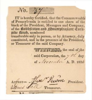 President Managers and Co. of the Hobbstown and Mountpleasant Turnpike Road - 1826 dated Early Turnpikes
