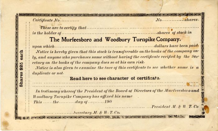 Murfeesboro and Woodbury Turnpike Co. - 1900's dated Stock Certificate