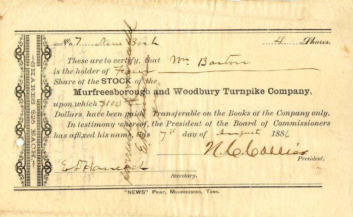 Murfreesborough and Woodbury Turnpike Co. - 1886 dated Stock Certificate