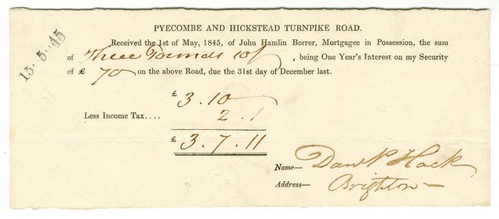 Pyecombe and Hickstead Turnpike Road - £3.10 dated 1845 Bond