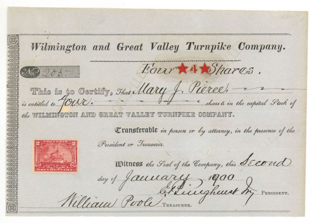 Wilmington and Great Valley Turnpike Co. - Stock Certificate